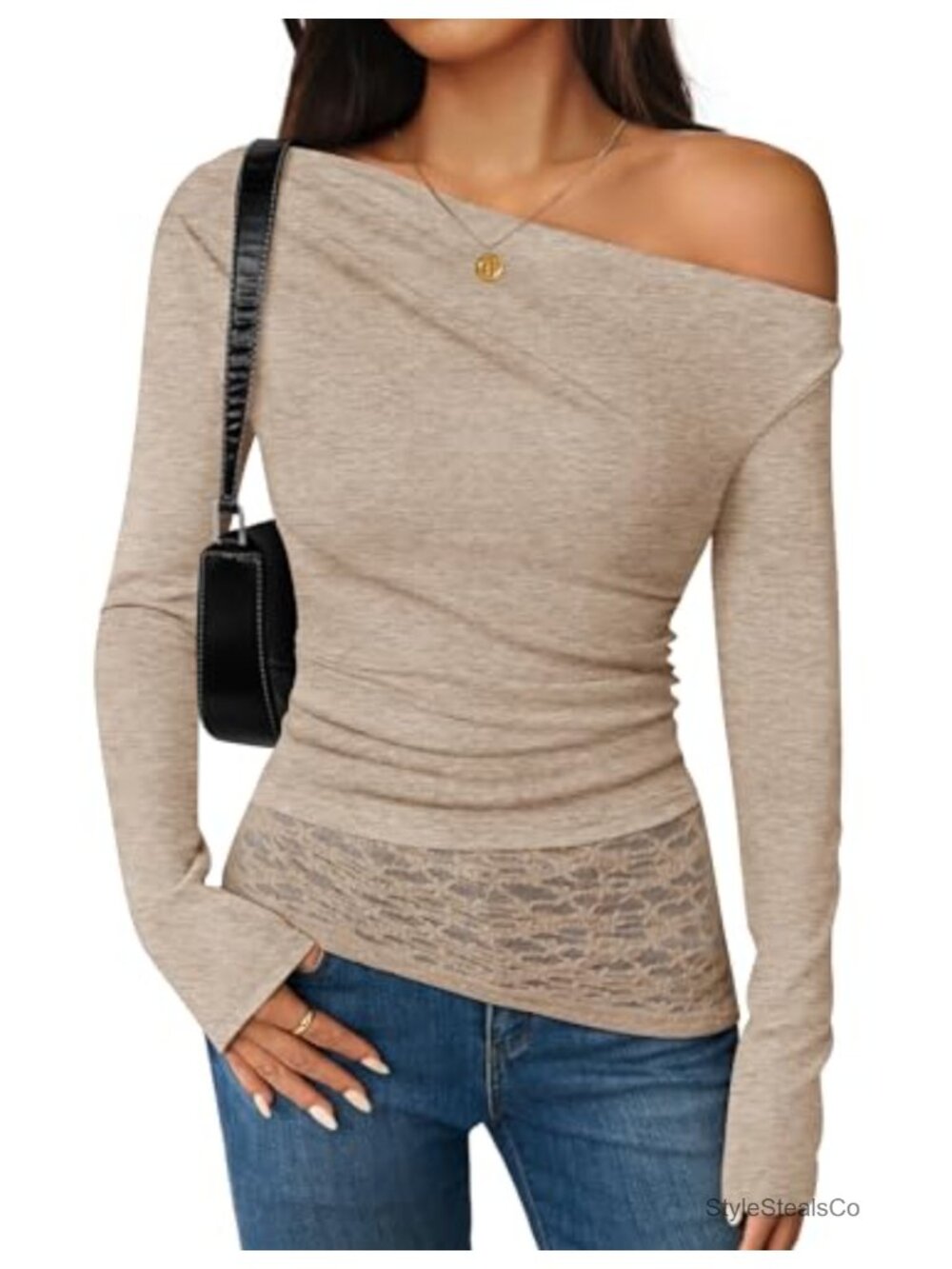 Off Shoulder Long Sleeve Slim Fit Top Boat Neck Lace Hem Y2K Going Out
